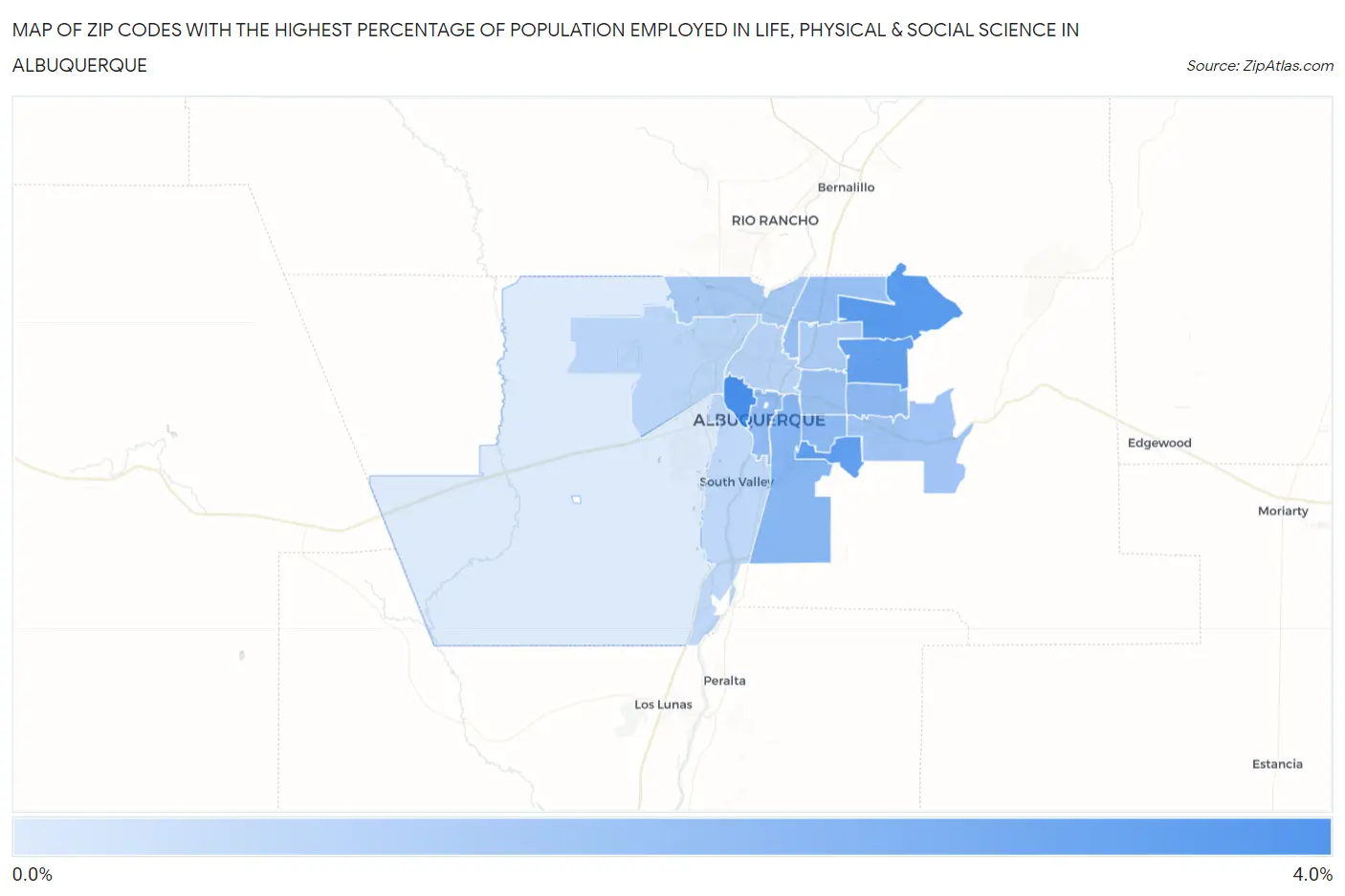 Zip Codes with the Highest Percentage of Population Employed in Life, Physical & Social Science in Albuquerque Map