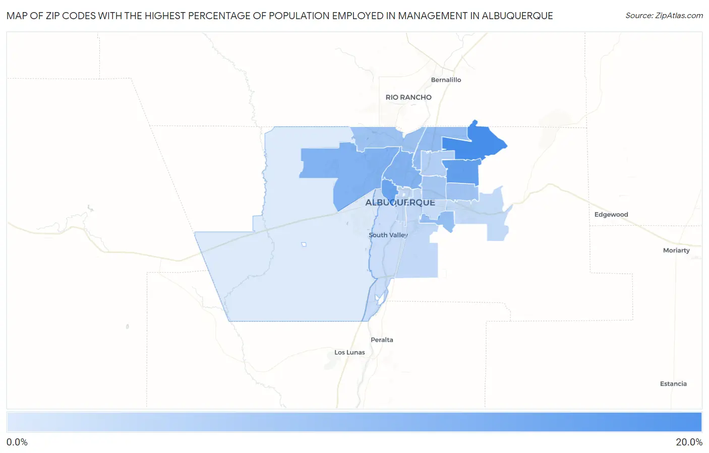 Zip Codes with the Highest Percentage of Population Employed in Management in Albuquerque Map