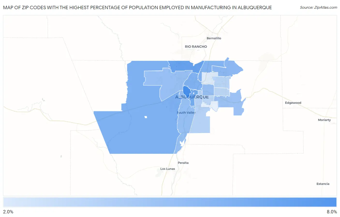Zip Codes with the Highest Percentage of Population Employed in Manufacturing in Albuquerque Map
