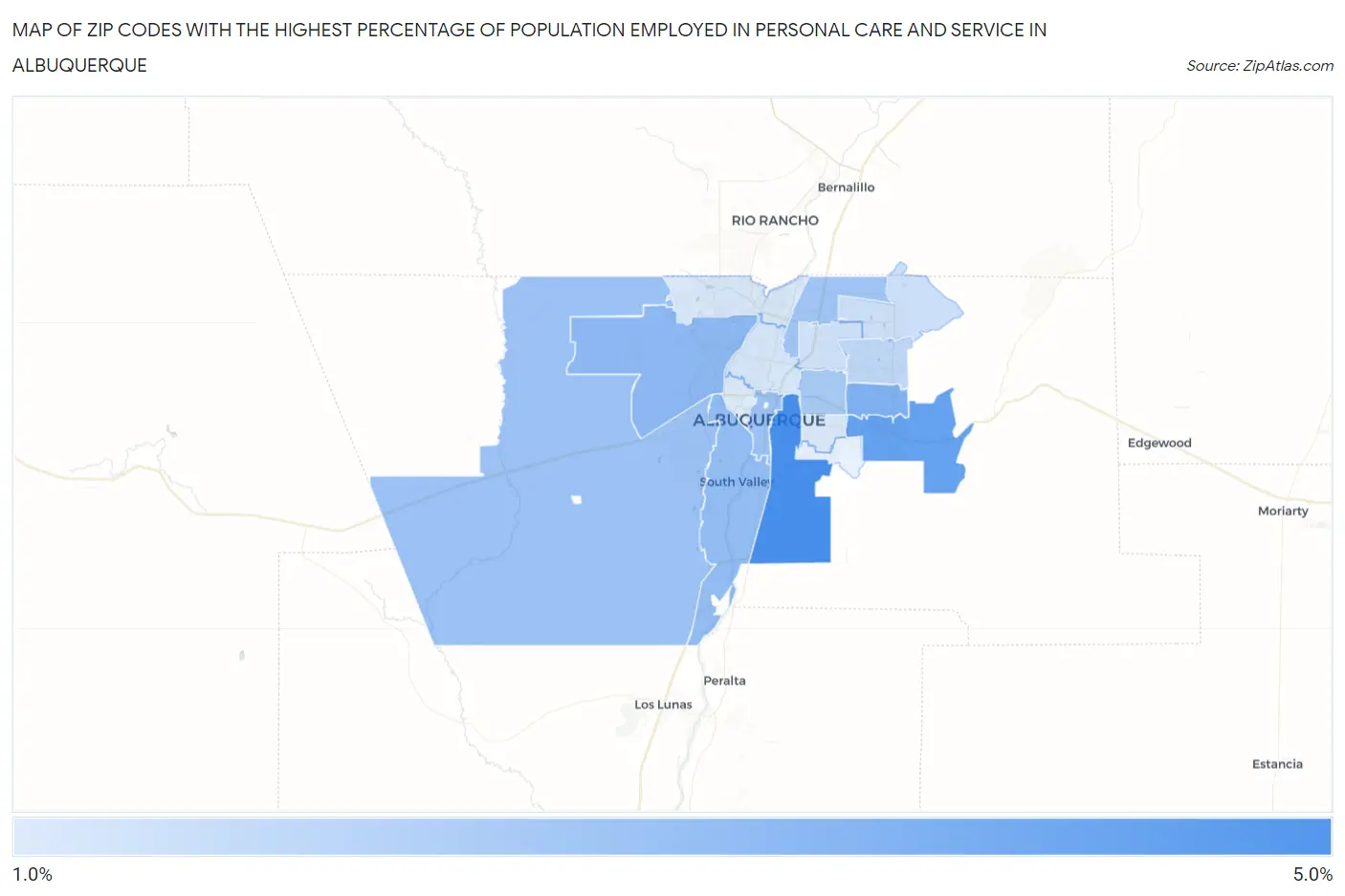 Zip Codes with the Highest Percentage of Population Employed in Personal Care and Service in Albuquerque Map