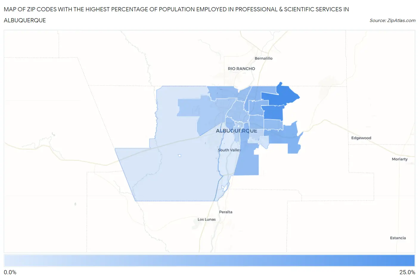 Zip Codes with the Highest Percentage of Population Employed in Professional & Scientific Services in Albuquerque Map