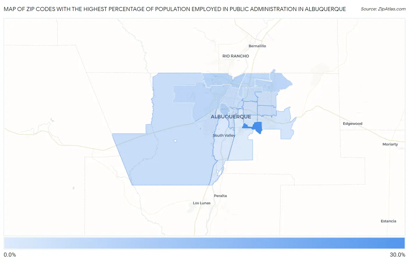 Zip Codes with the Highest Percentage of Population Employed in Public Administration in Albuquerque Map