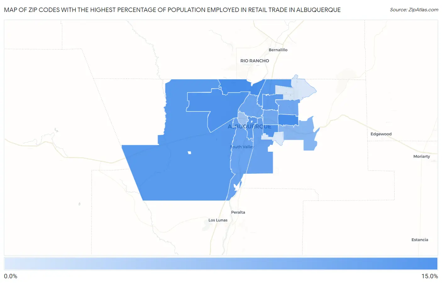 Zip Codes with the Highest Percentage of Population Employed in Retail Trade in Albuquerque Map