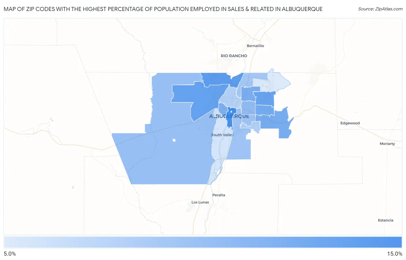 Zip Codes with the Highest Percentage of Population Employed in Sales & Related in Albuquerque Map