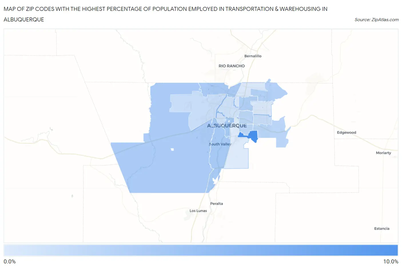 Zip Codes with the Highest Percentage of Population Employed in Transportation & Warehousing in Albuquerque Map