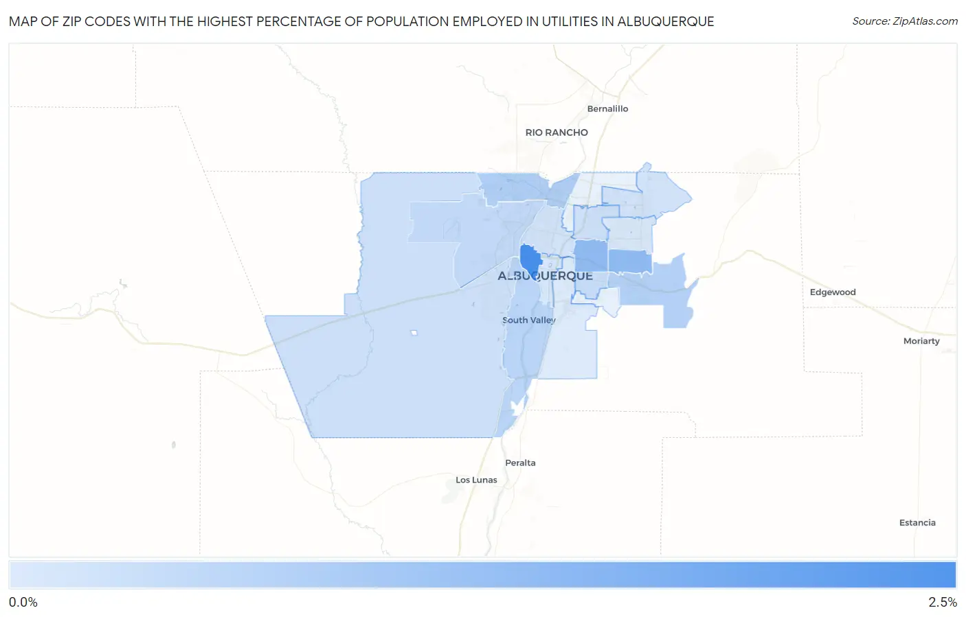 Zip Codes with the Highest Percentage of Population Employed in Utilities in Albuquerque Map