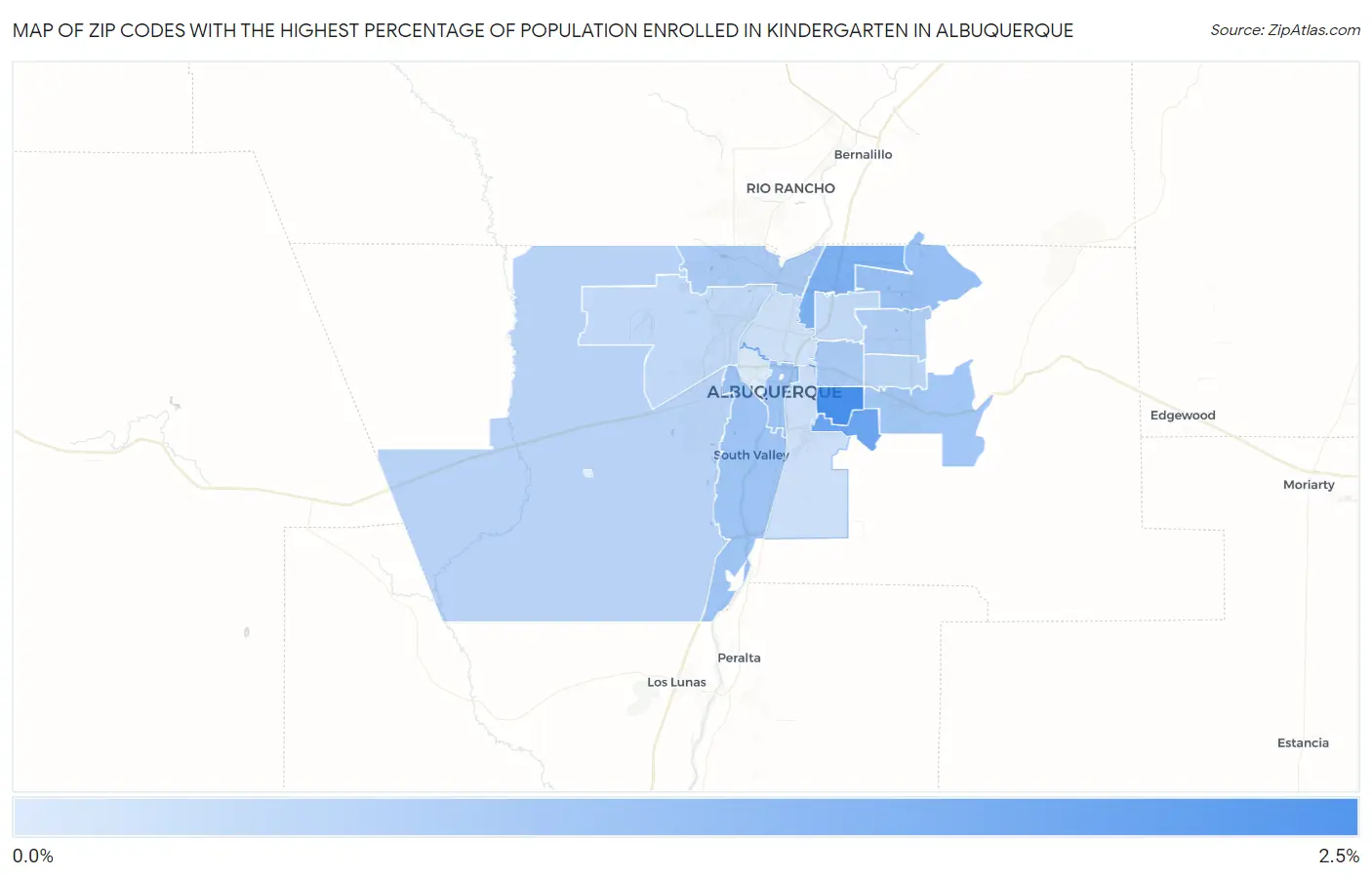 Zip Codes with the Highest Percentage of Population Enrolled in Kindergarten in Albuquerque Map