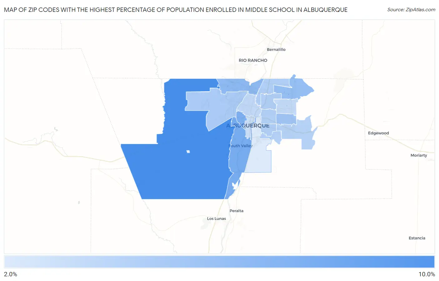 Zip Codes with the Highest Percentage of Population Enrolled in Middle School in Albuquerque Map