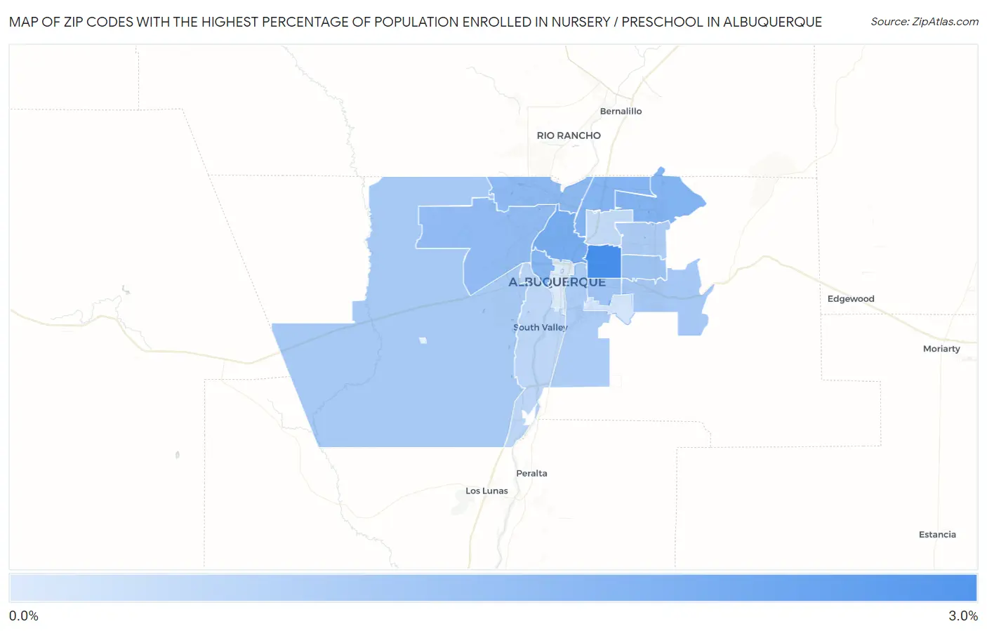 Zip Codes with the Highest Percentage of Population Enrolled in Nursery / Preschool in Albuquerque Map