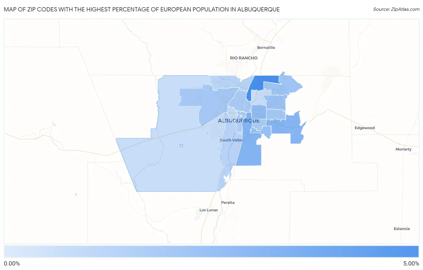 Zip Codes with the Highest Percentage of European Population in Albuquerque Map