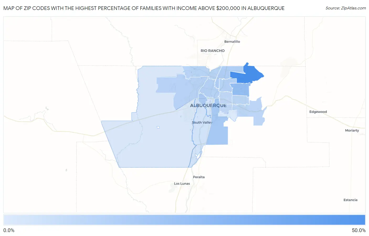 Zip Codes with the Highest Percentage of Families with Income Above $200,000 in Albuquerque Map