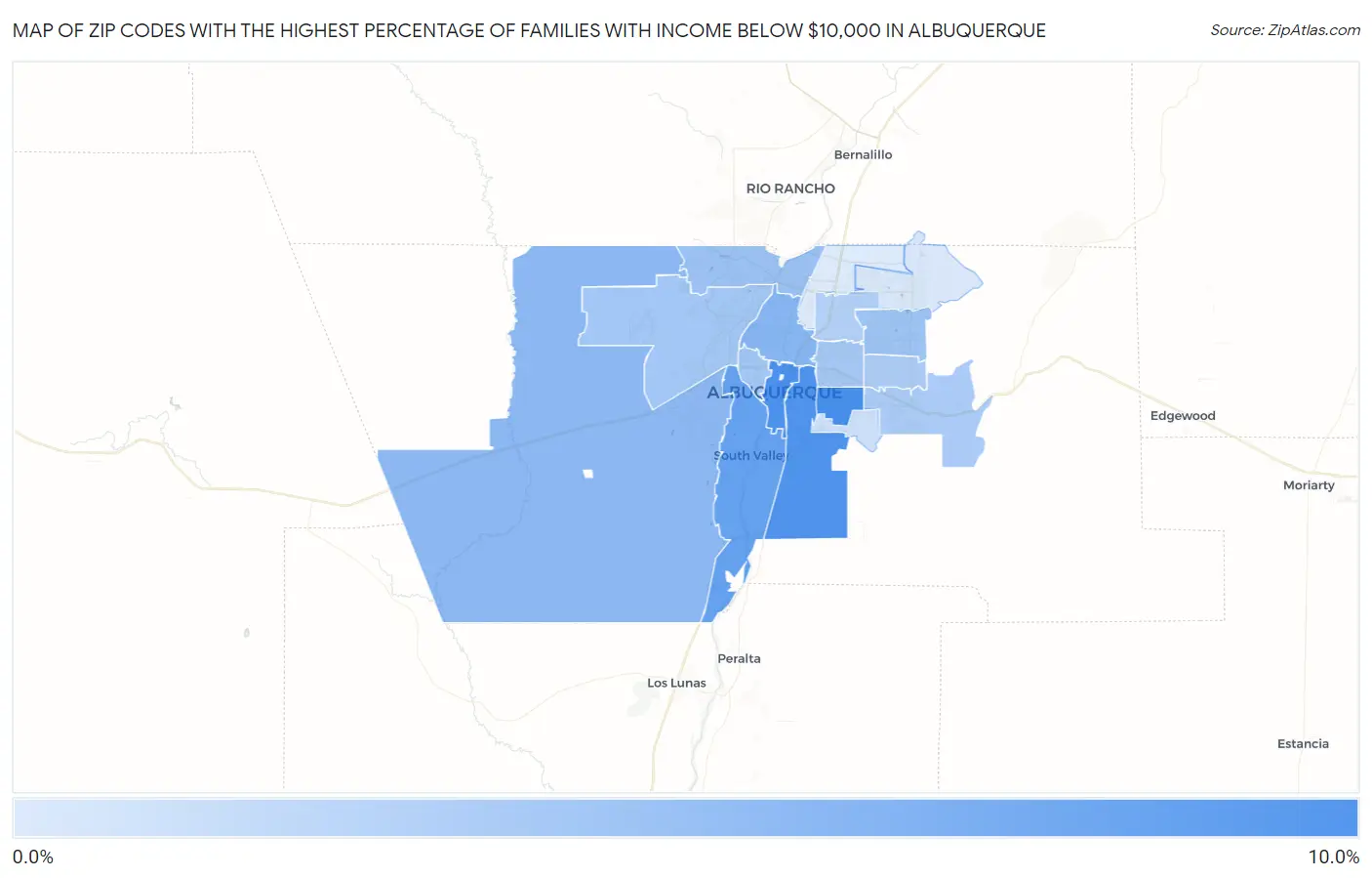 Zip Codes with the Highest Percentage of Families with Income Below $10,000 in Albuquerque Map