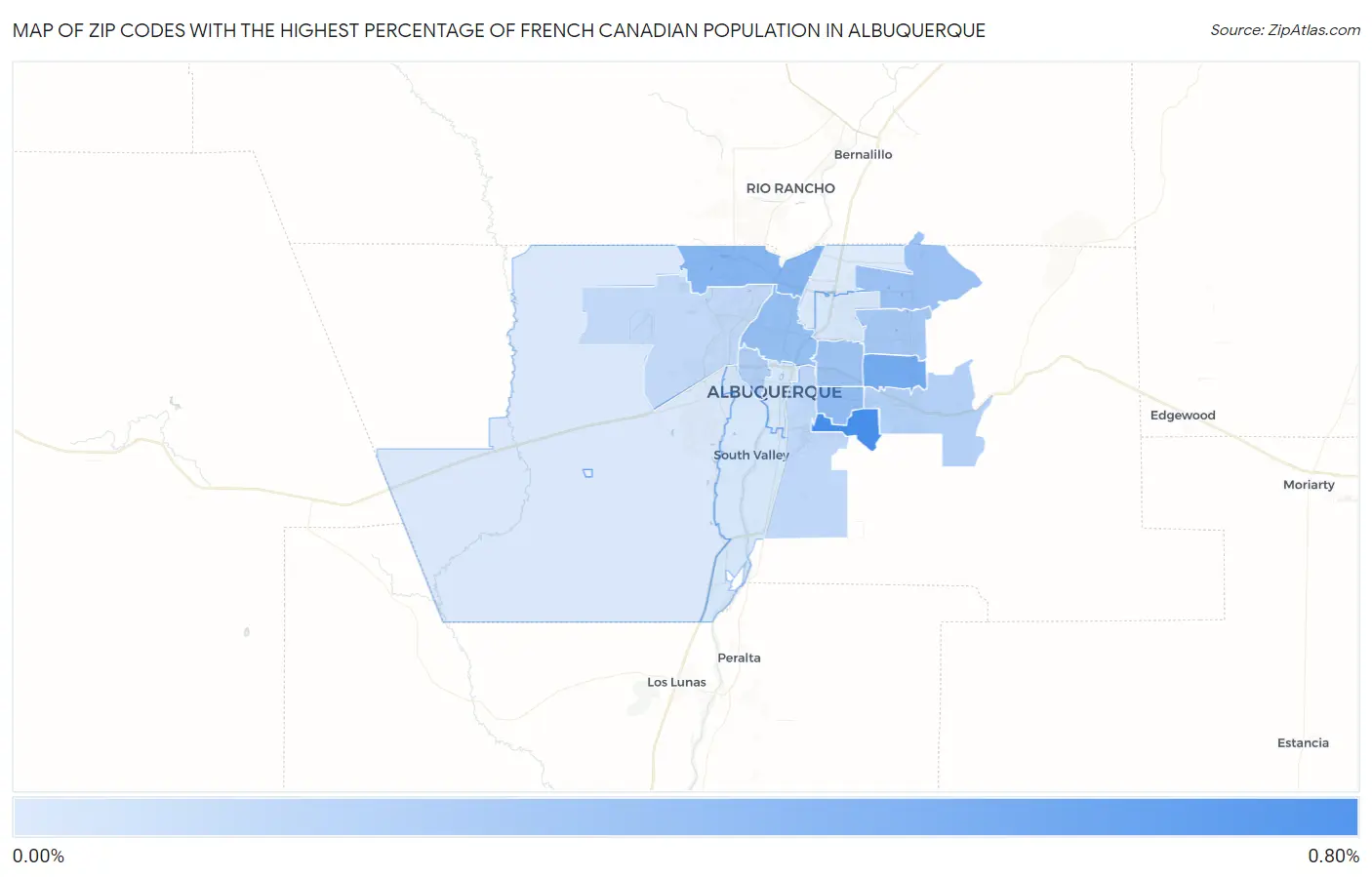 Zip Codes with the Highest Percentage of French Canadian Population in Albuquerque Map