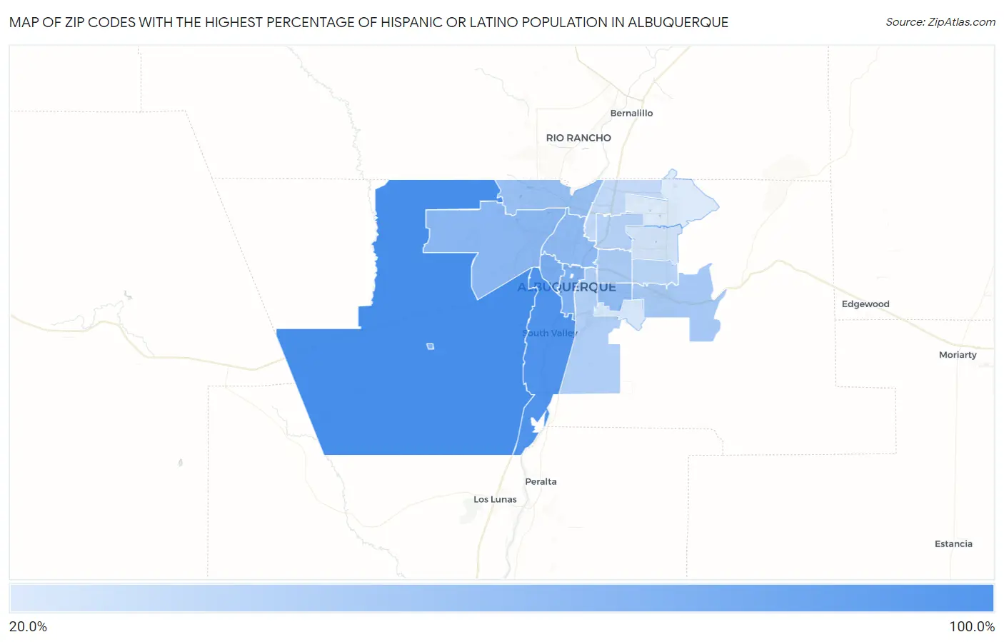 Zip Codes with the Highest Percentage of Hispanic or Latino Population in Albuquerque Map