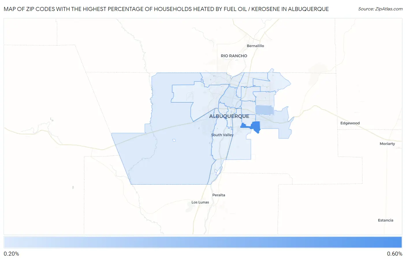Zip Codes with the Highest Percentage of Households Heated by Fuel Oil / Kerosene in Albuquerque Map