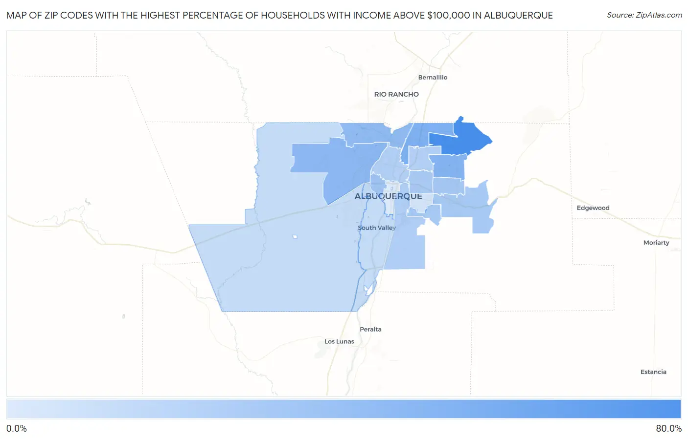 Zip Codes with the Highest Percentage of Households with Income Above $100,000 in Albuquerque Map