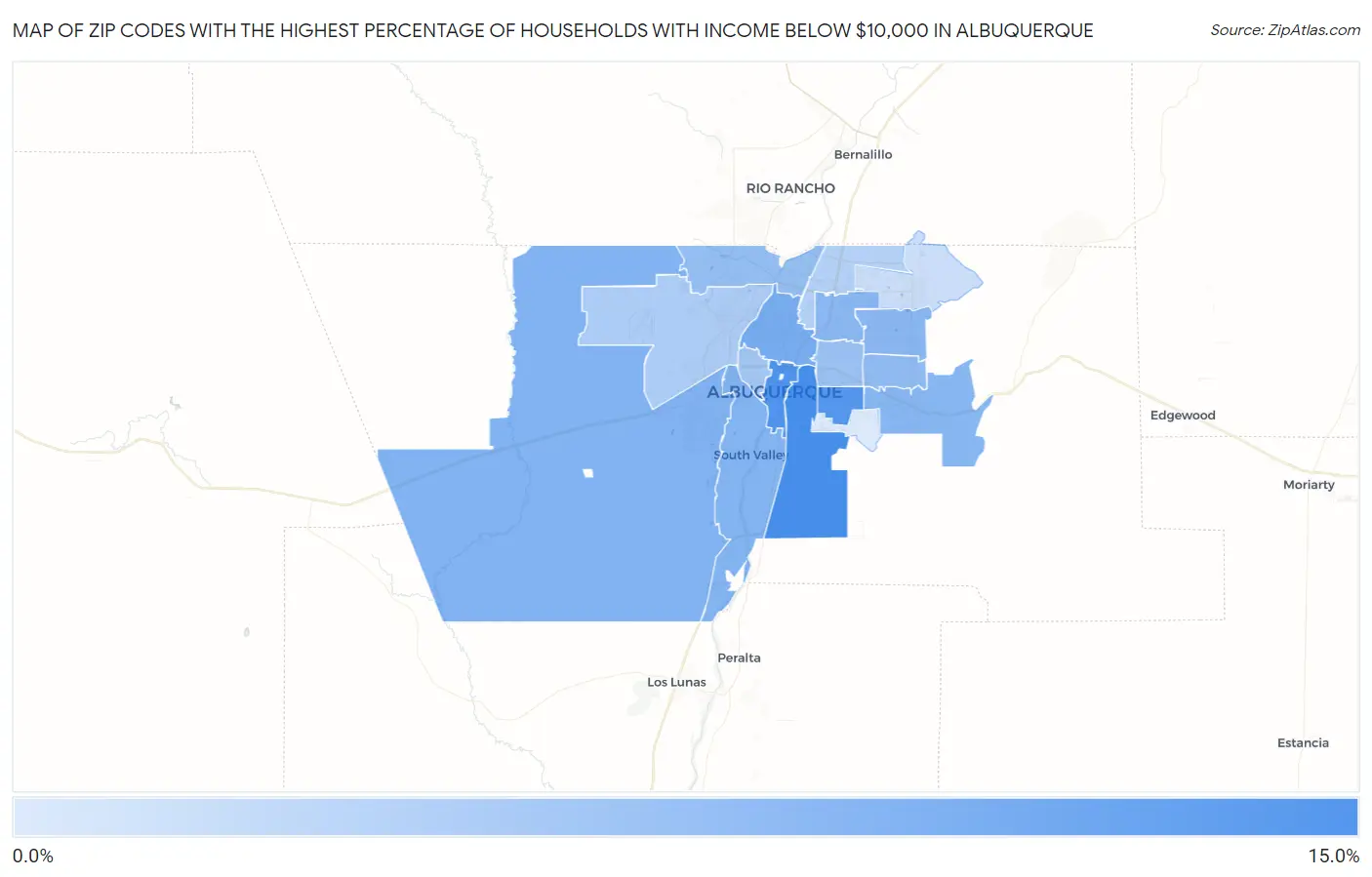 Zip Codes with the Highest Percentage of Households with Income Below $10,000 in Albuquerque Map