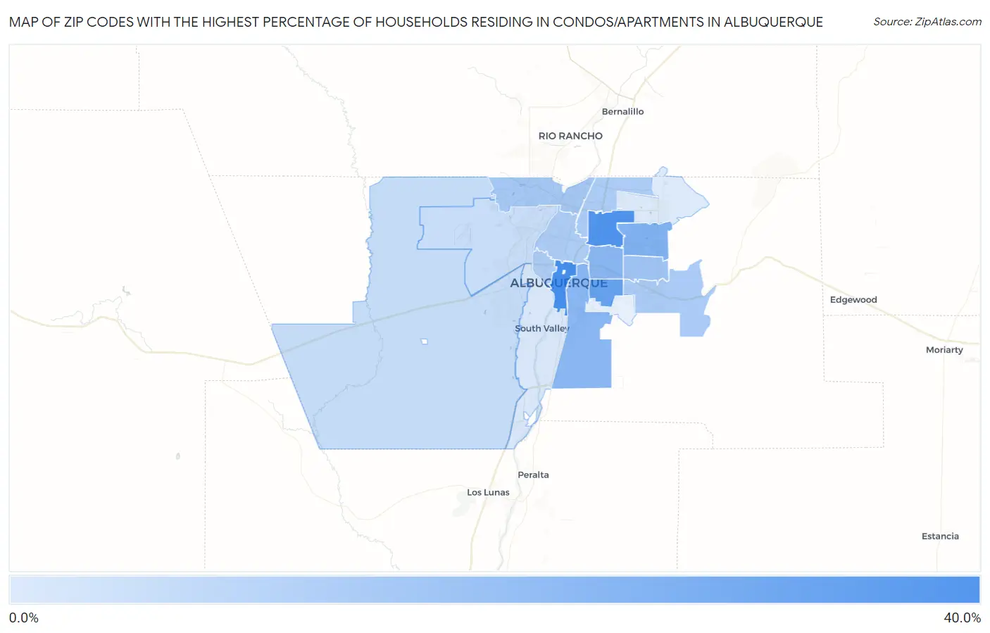 Zip Codes with the Highest Percentage of Households Residing in Condos/Apartments in Albuquerque Map