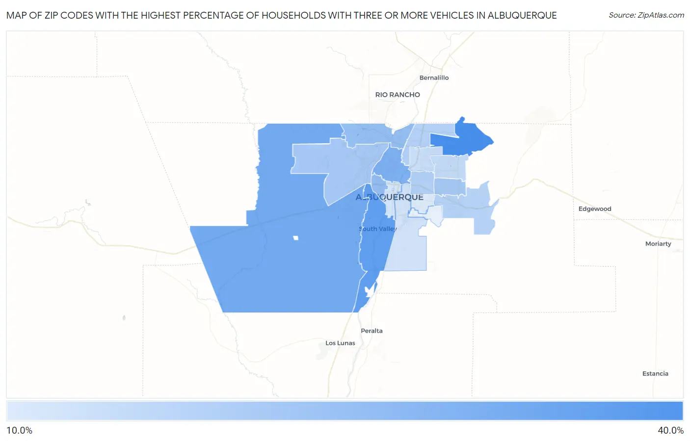 Zip Codes with the Highest Percentage of Households With Three or more Vehicles in Albuquerque Map
