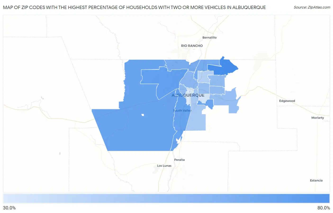 Zip Codes with the Highest Percentage of Households With Two or more Vehicles in Albuquerque Map