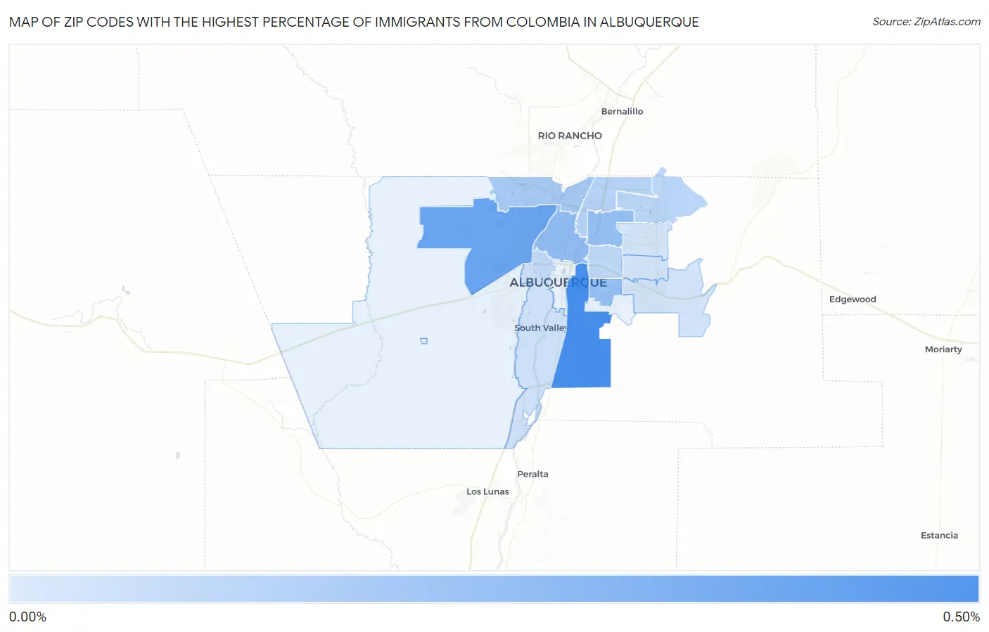 Zip Codes with the Highest Percentage of Immigrants from Colombia in Albuquerque Map