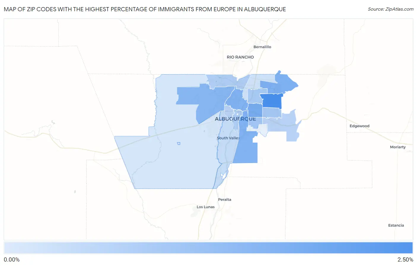 Zip Codes with the Highest Percentage of Immigrants from Europe in Albuquerque Map