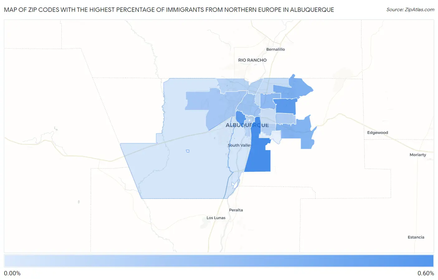 Zip Codes with the Highest Percentage of Immigrants from Northern Europe in Albuquerque Map