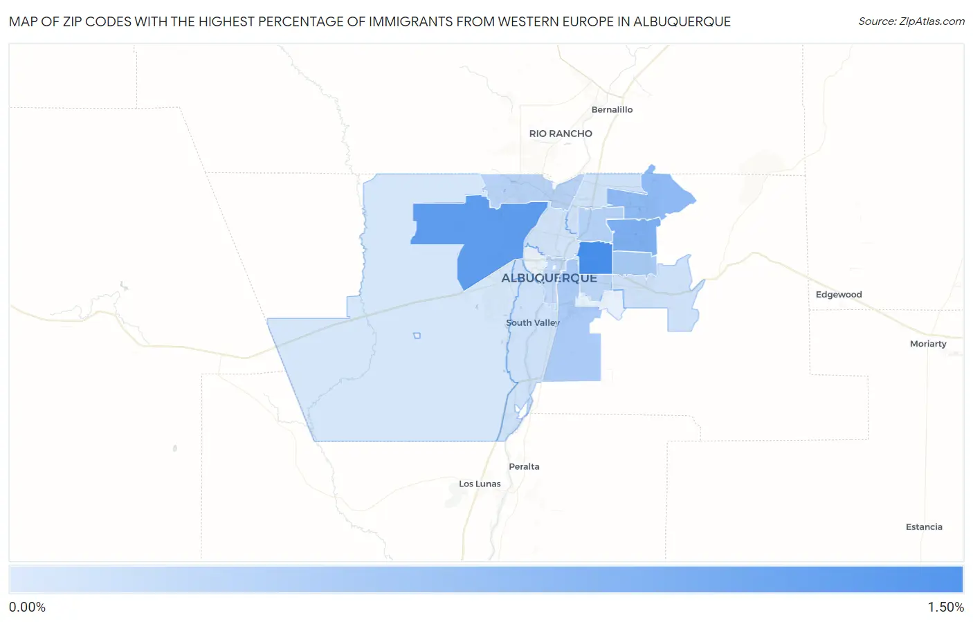 Zip Codes with the Highest Percentage of Immigrants from Western Europe in Albuquerque Map