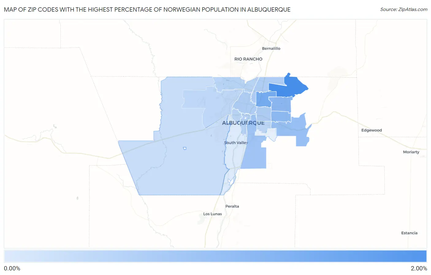 Zip Codes with the Highest Percentage of Norwegian Population in Albuquerque Map