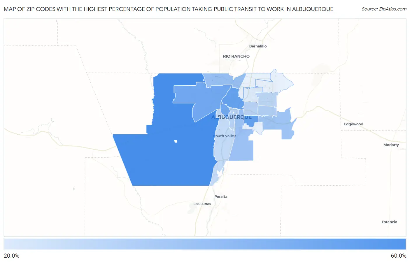 Zip Codes with the Highest Percentage of Population Taking Public Transit to Work in Albuquerque Map