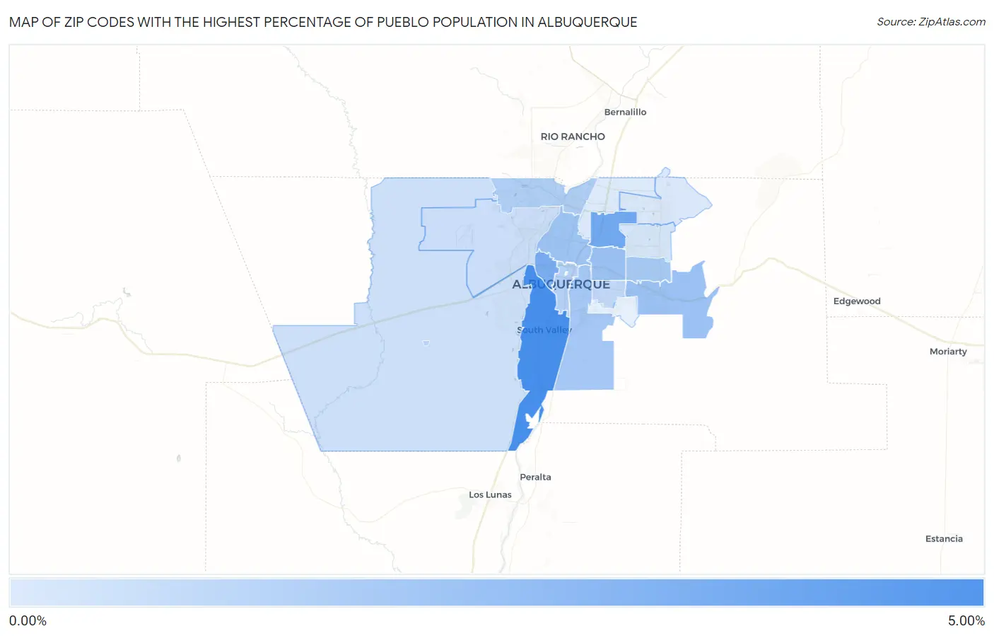 Zip Codes with the Highest Percentage of Pueblo Population in Albuquerque Map