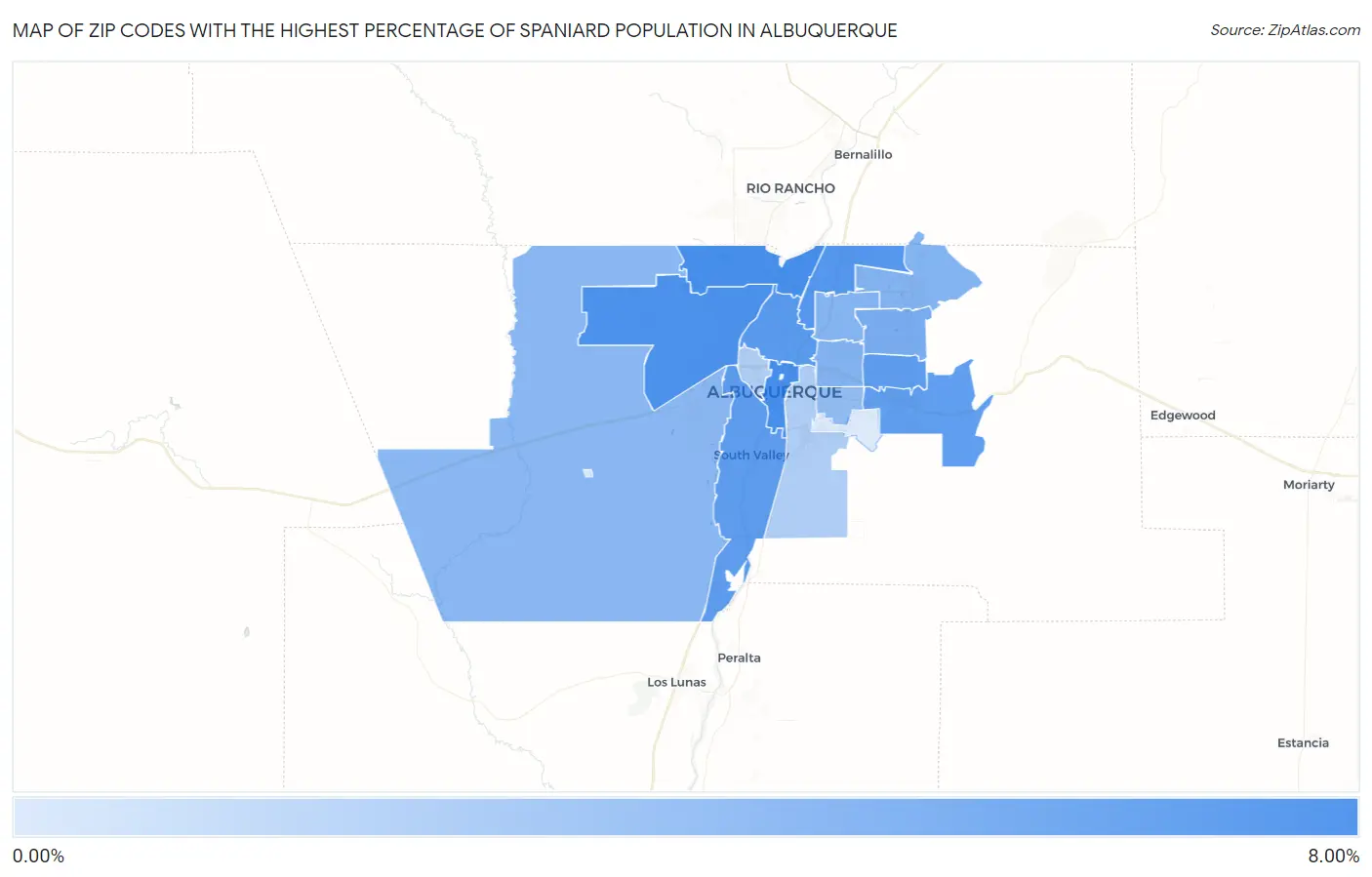 Zip Codes with the Highest Percentage of Spaniard Population in Albuquerque Map
