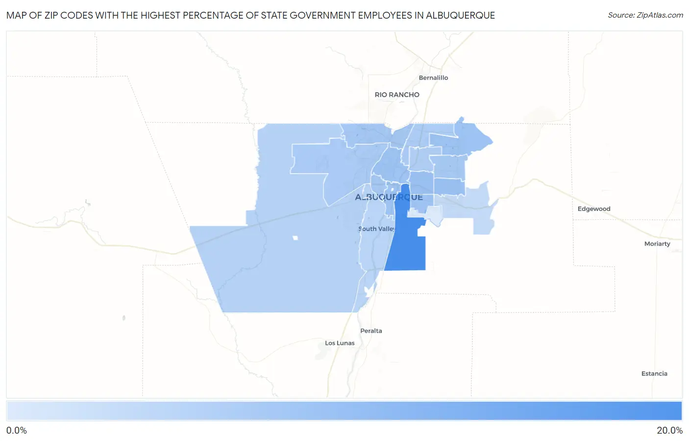 Zip Codes with the Highest Percentage of State Government Employees in Albuquerque Map