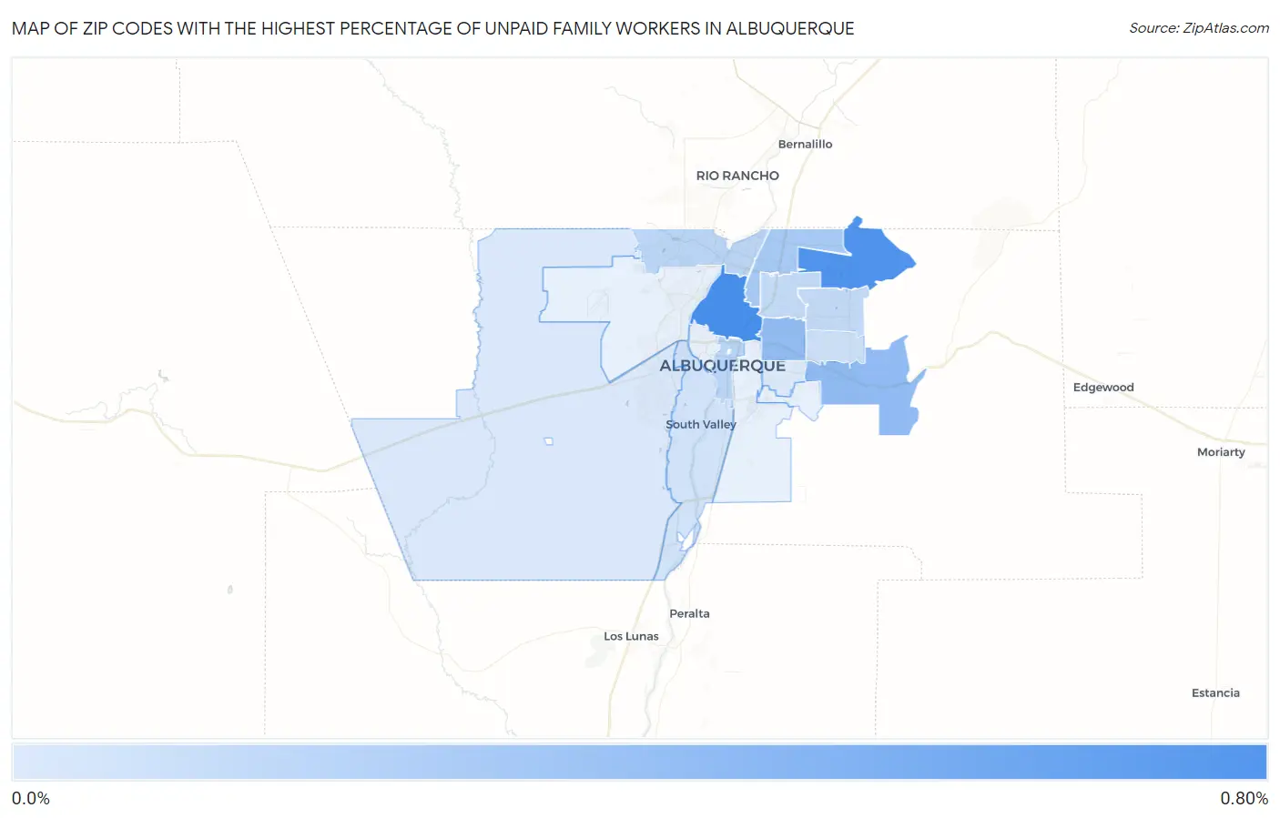 Zip Codes with the Highest Percentage of Unpaid Family Workers in Albuquerque Map