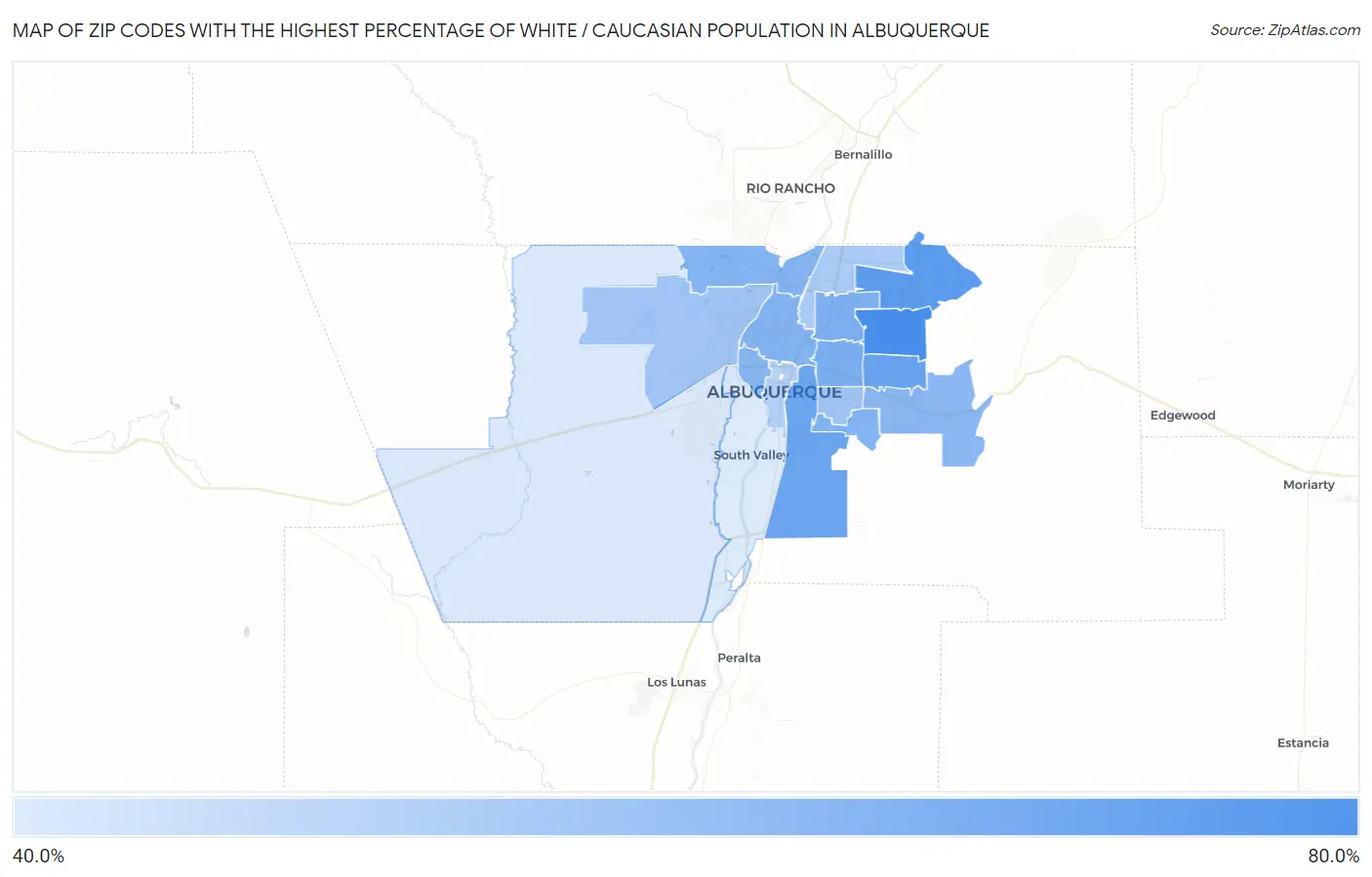 Zip Codes with the Highest Percentage of White / Caucasian Population in Albuquerque Map