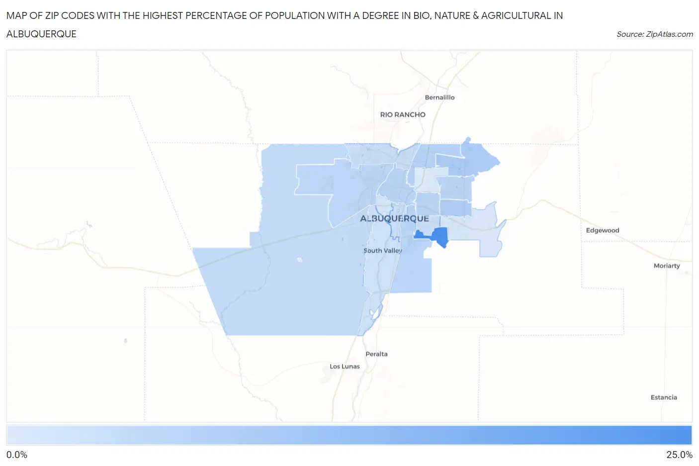 Zip Codes with the Highest Percentage of Population with a Degree in Bio, Nature & Agricultural in Albuquerque Map