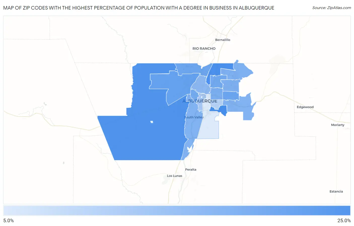 Zip Codes with the Highest Percentage of Population with a Degree in Business in Albuquerque Map