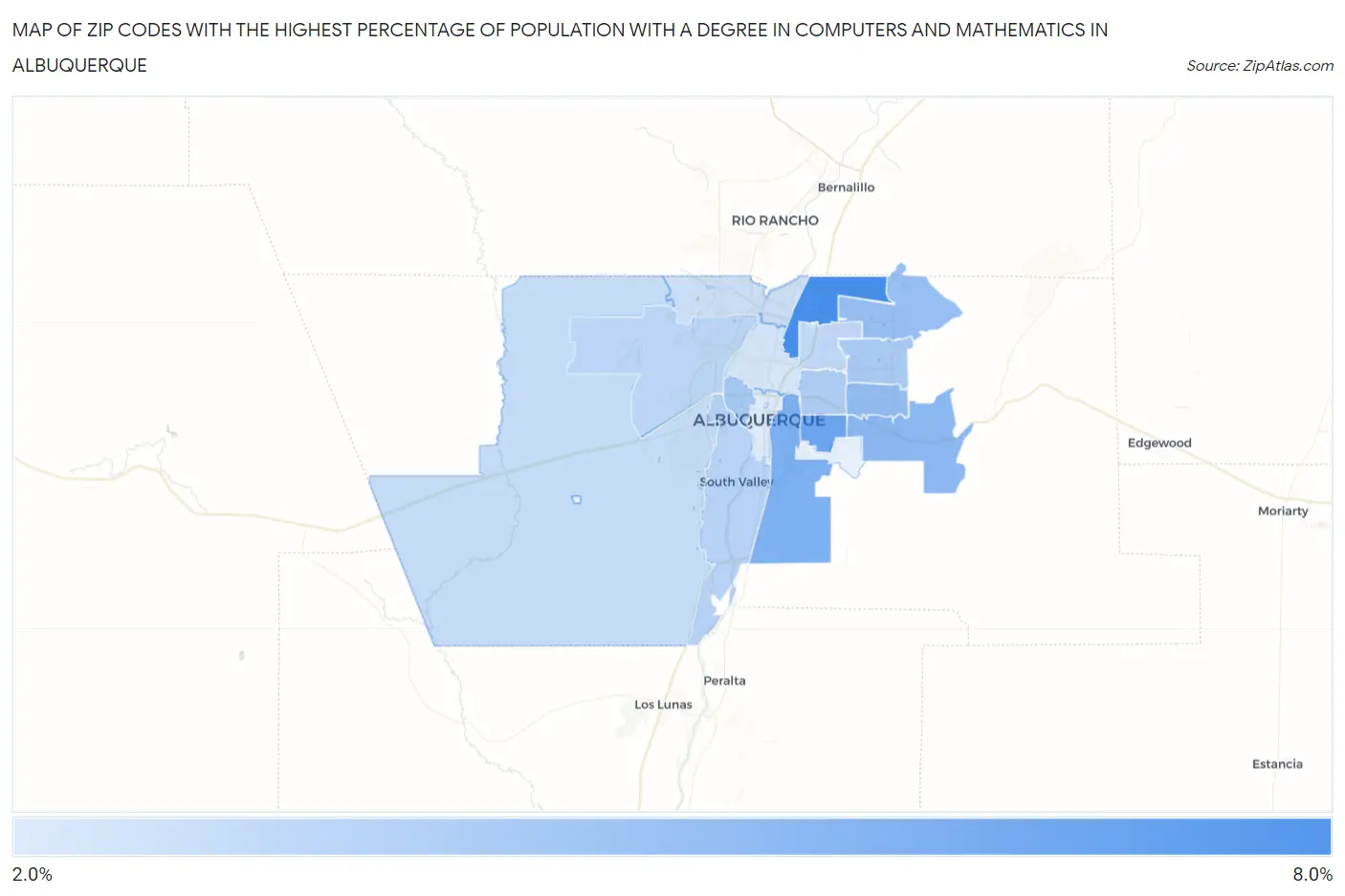 Zip Codes with the Highest Percentage of Population with a Degree in Computers and Mathematics in Albuquerque Map
