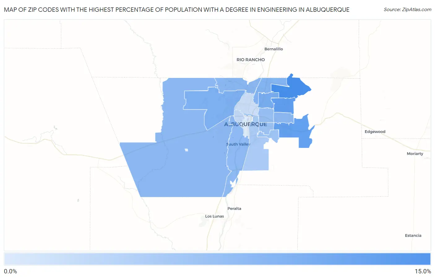 Zip Codes with the Highest Percentage of Population with a Degree in Engineering in Albuquerque Map