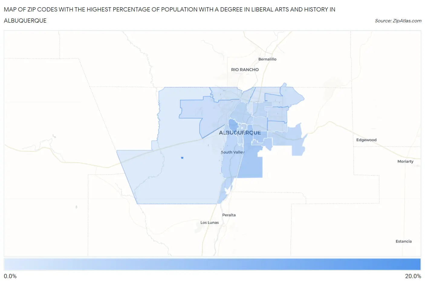 Zip Codes with the Highest Percentage of Population with a Degree in Liberal Arts and History in Albuquerque Map