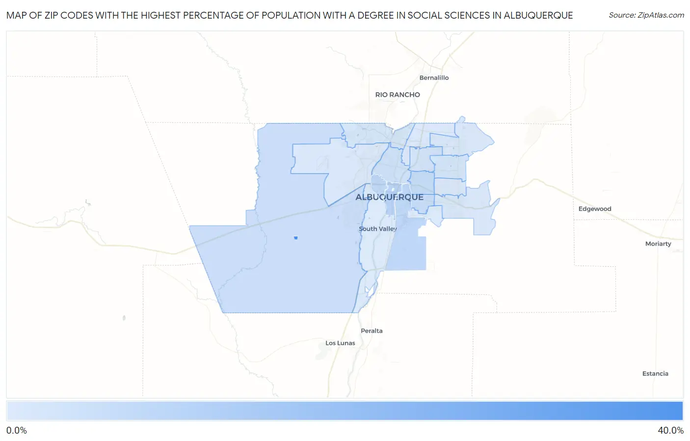Zip Codes with the Highest Percentage of Population with a Degree in Social Sciences in Albuquerque Map