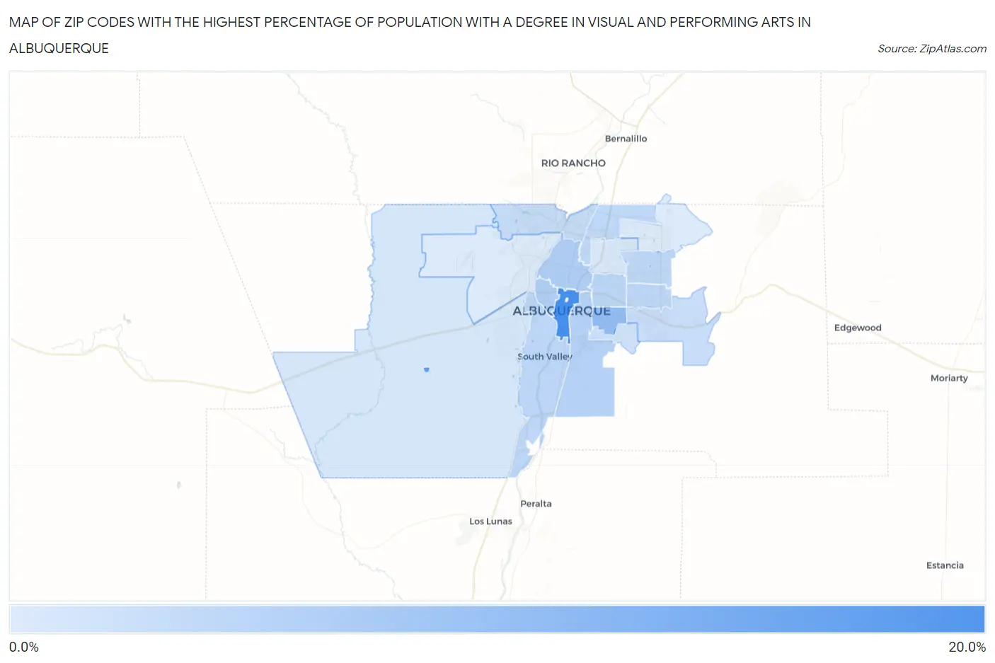 Zip Codes with the Highest Percentage of Population with a Degree in Visual and Performing Arts in Albuquerque Map