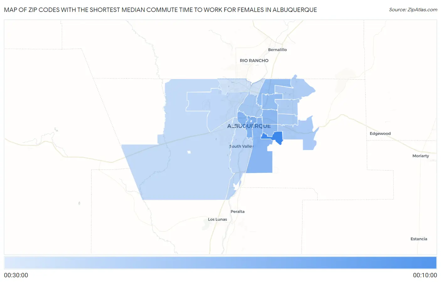 Zip Codes with the Shortest Median Commute Time to Work for Females in Albuquerque Map