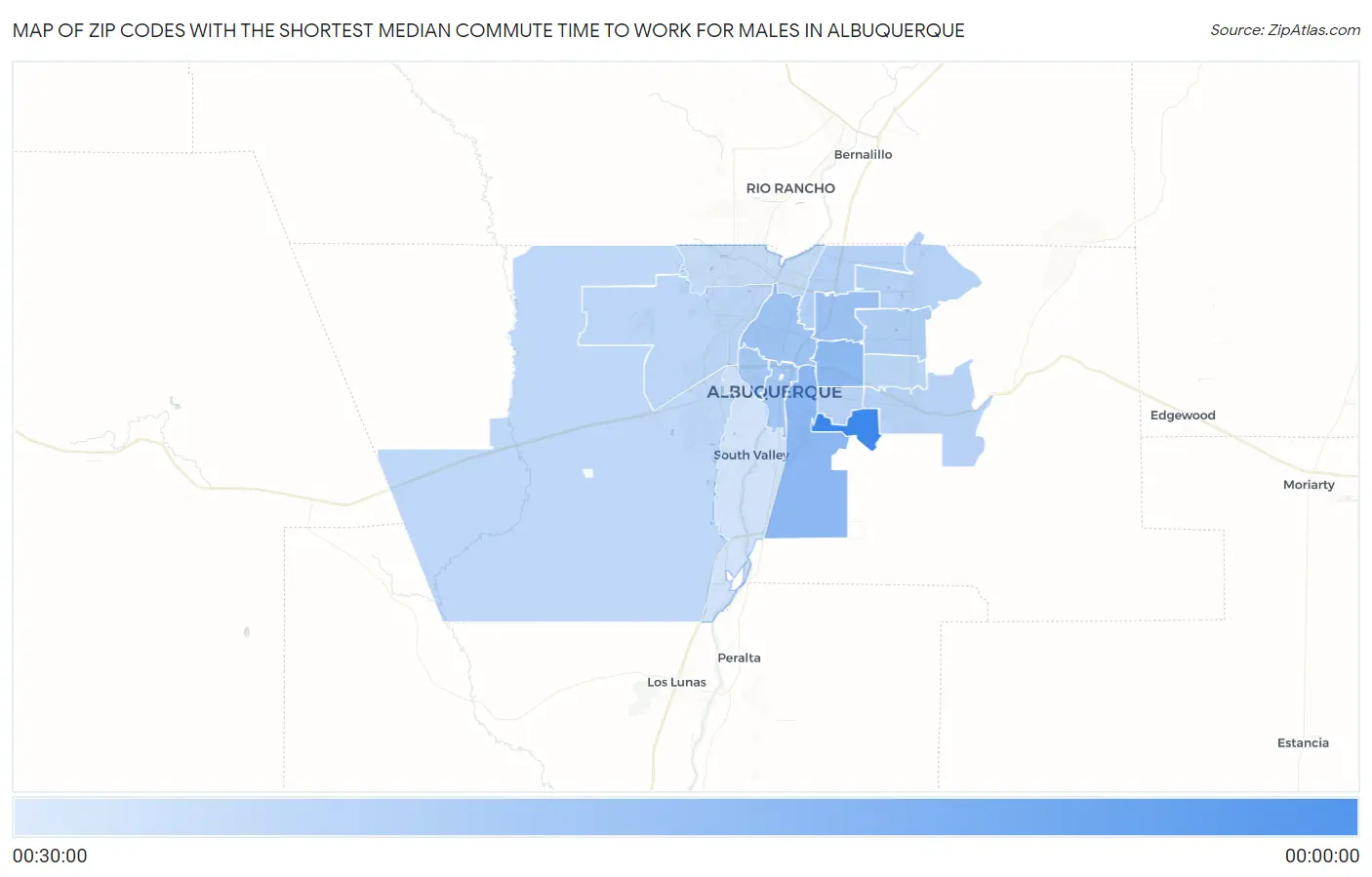 Zip Codes with the Shortest Median Commute Time to Work for Males in Albuquerque Map