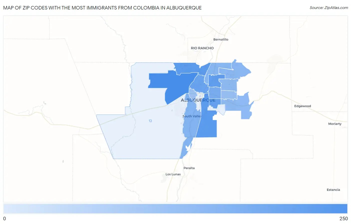 Zip Codes with the Most Immigrants from Colombia in Albuquerque Map