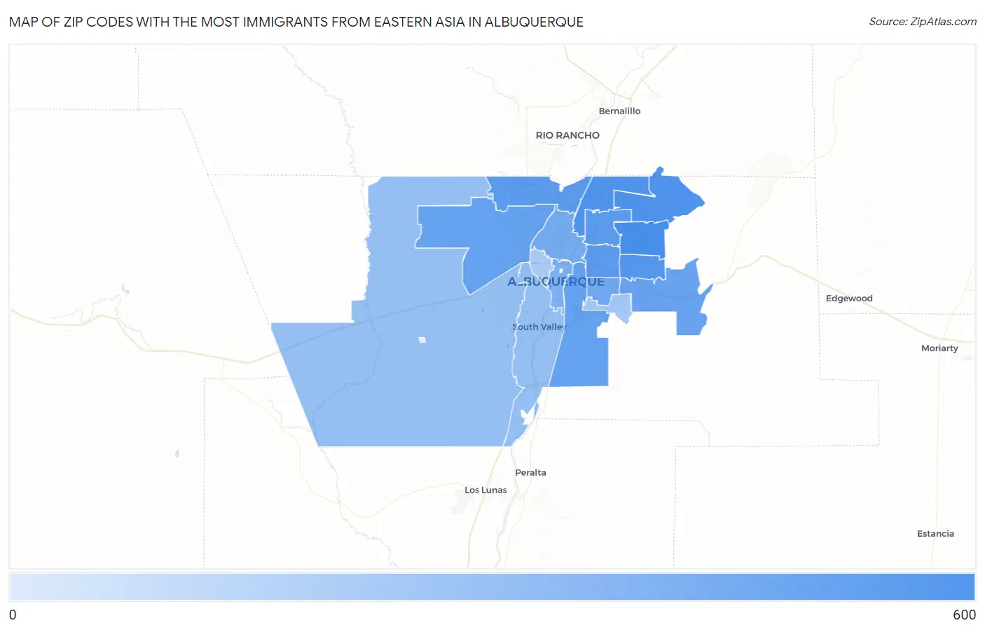 Zip Codes with the Most Immigrants from Eastern Asia in Albuquerque Map