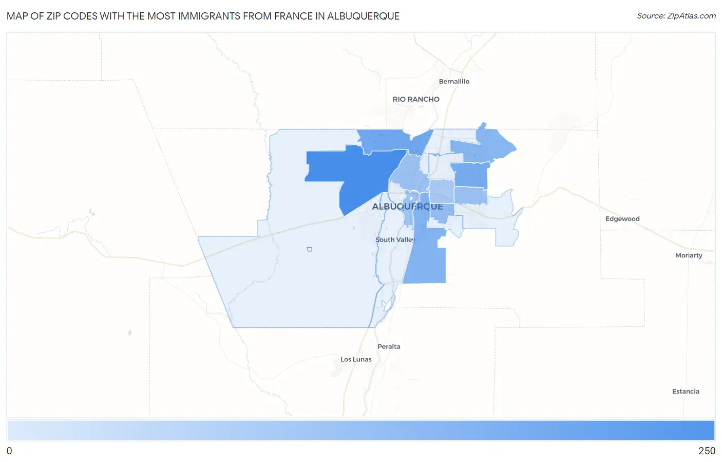 Zip Codes with the Most Immigrants from France in Albuquerque Map