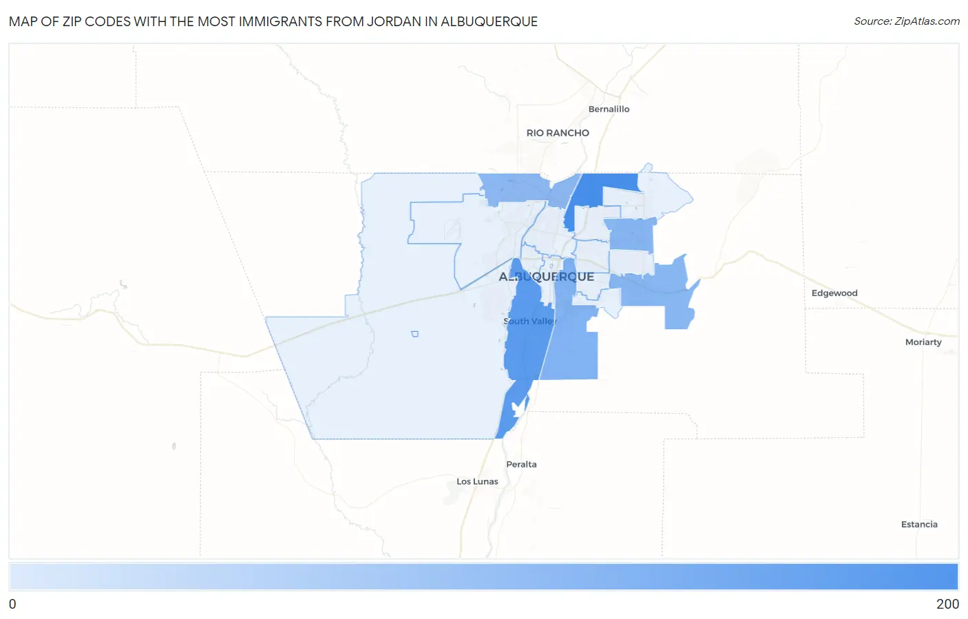 Zip Codes with the Most Immigrants from Jordan in Albuquerque Map