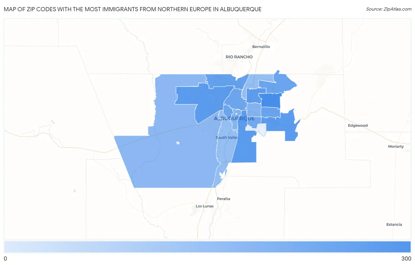 Zip Codes with the Most Immigrants from Northern Europe in Albuquerque Map