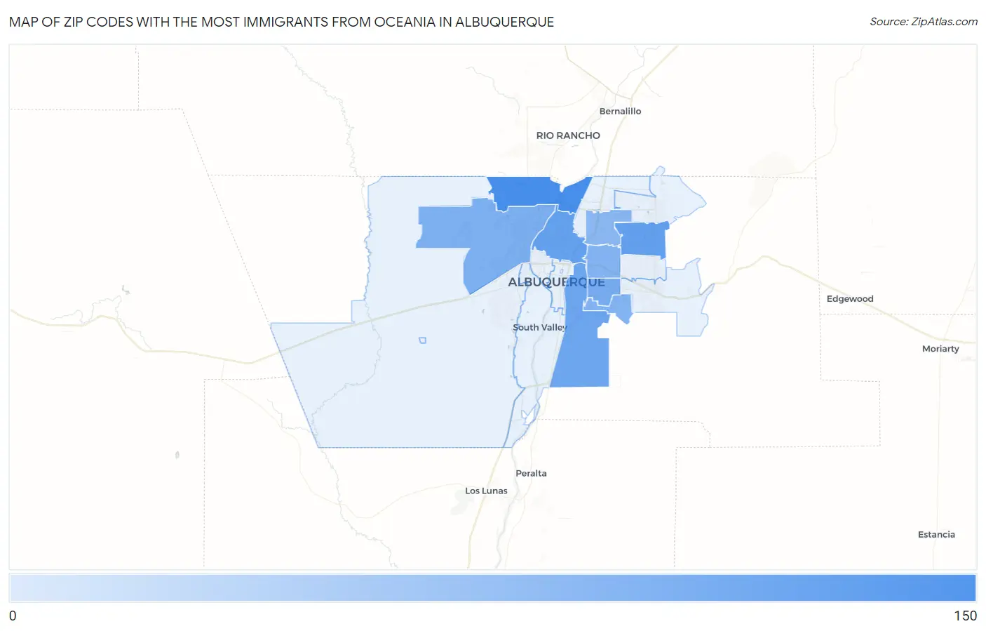 Zip Codes with the Most Immigrants from Oceania in Albuquerque Map